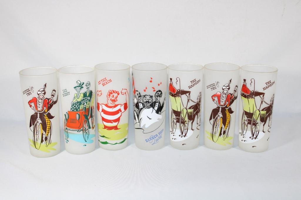 Lot of 7 Frosted Vintage Scene Drinking Glasses (1 of 3)