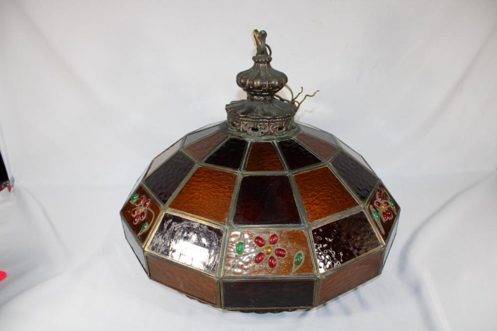 Amber, Red & Floral Stained Glass Style Chandelier: needs wiriing - plastic shade (not glass)