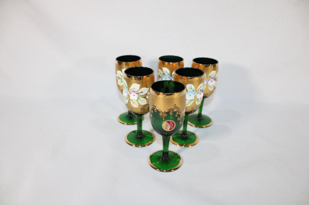 Lot of 6 Dark Green Hand Painted Cordial Glasses (1 of 3)