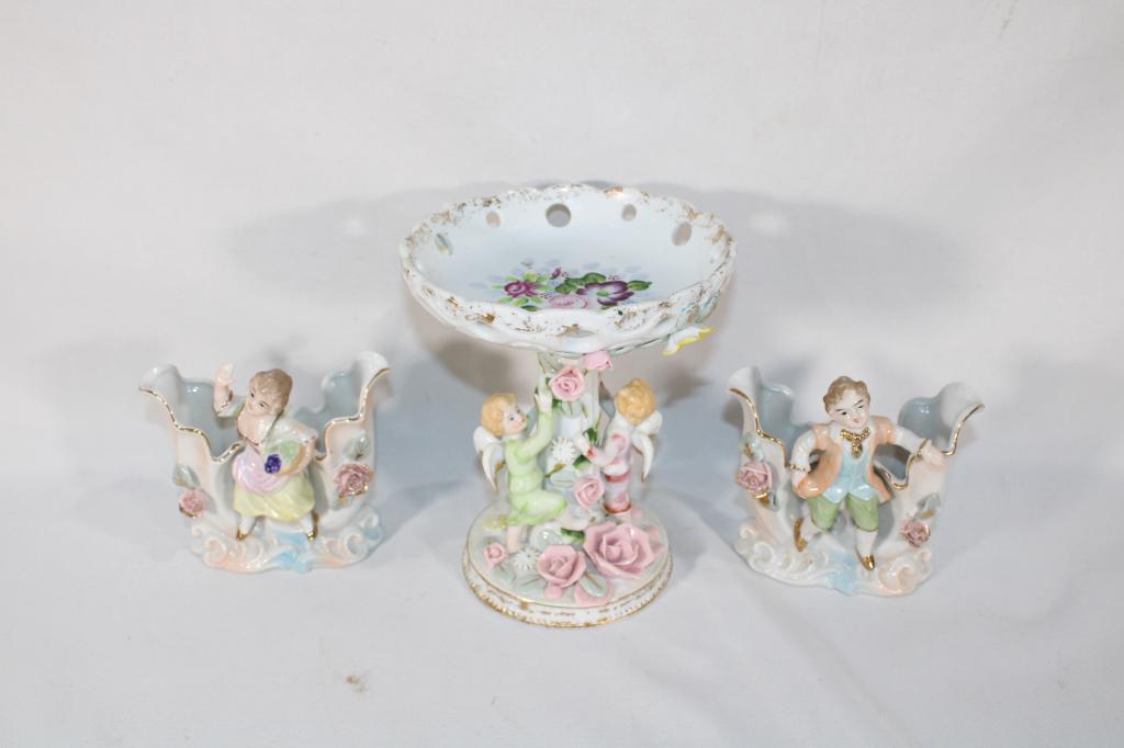Antique Cupid Candleholder, Vases: good overall as pictured
