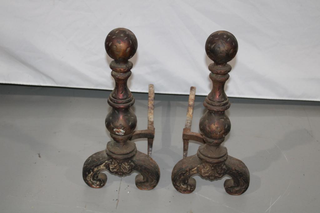 Pair of Cast Iron Metal Fireplace Andirons: good overall as pictured, measures about 20 inches tall