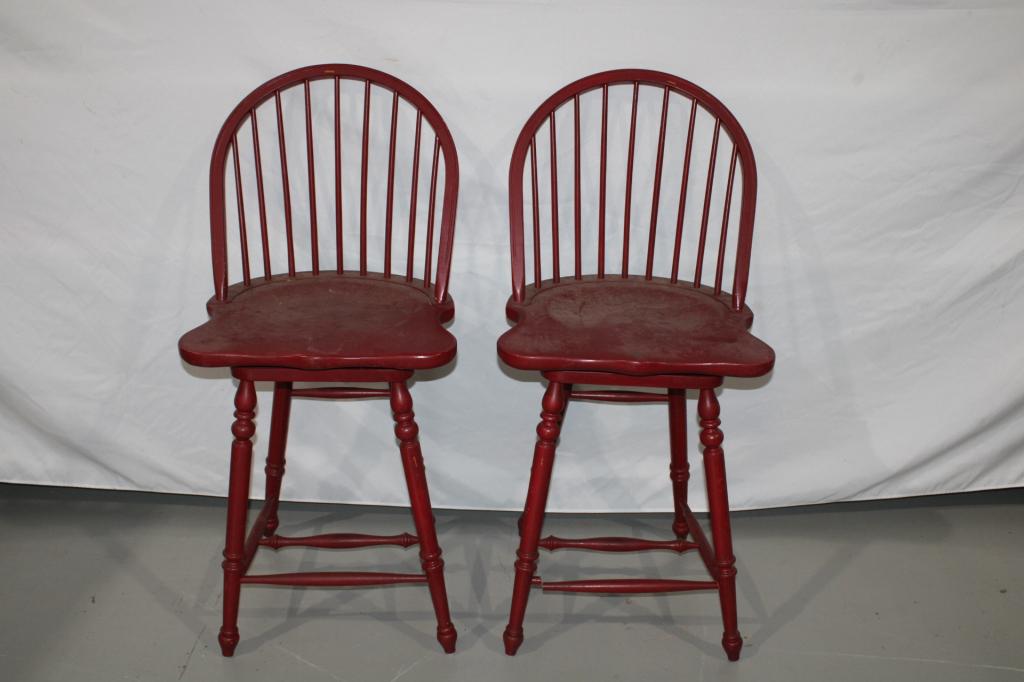 Pair of Red Wood Swivel Bar Stools (1 of 3)