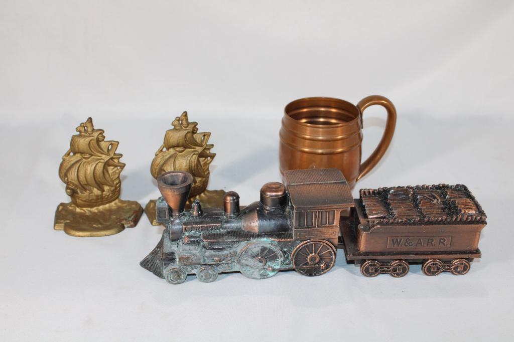 Vintage Metal Lot Train Bank, Mug, Ship Bookends: Good overall as pictured.