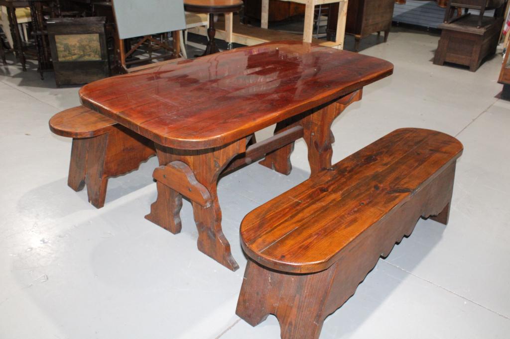 Vintage Wood Lacquer Dining Table & Bench Seats (1 of 4)