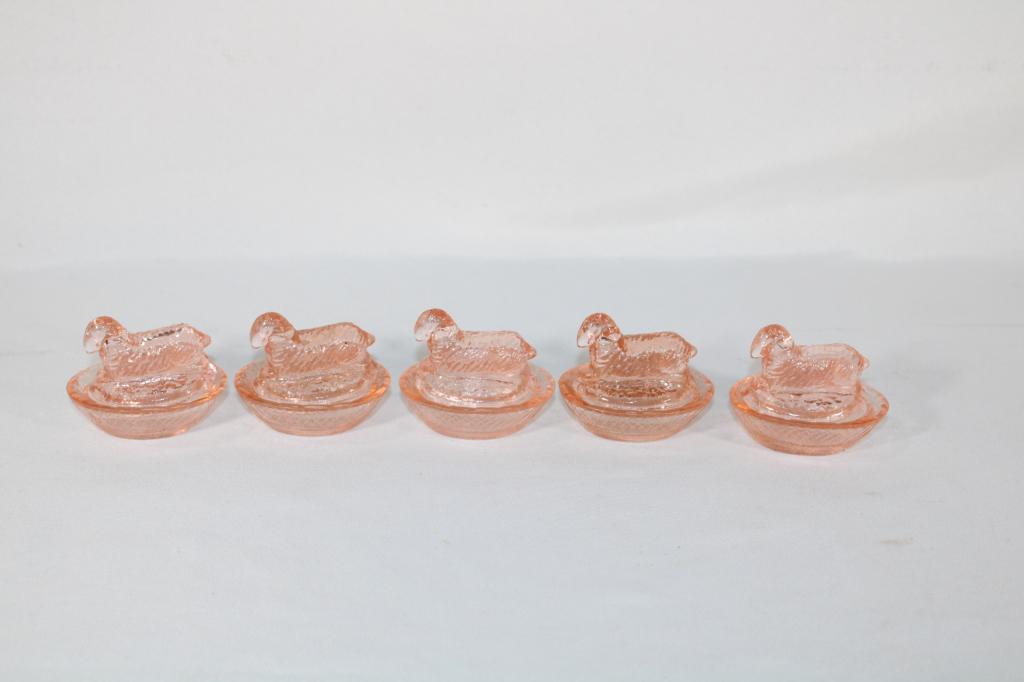 Lot of 5 Pink Glass Nesting Sheep Salt Cellars: Good overall as pictured.