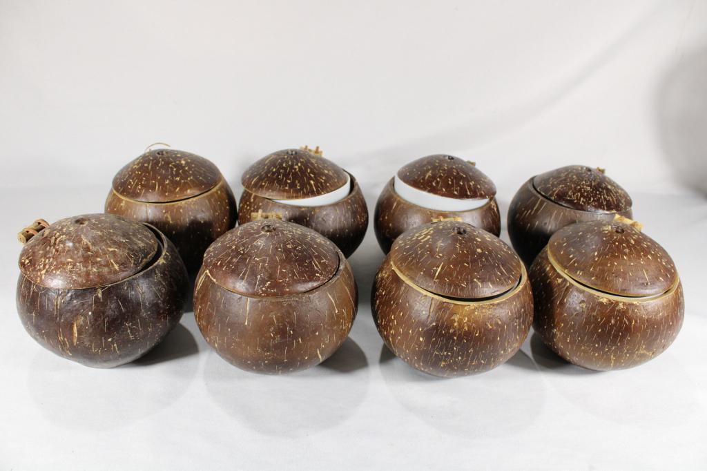 Lot of 8 Hinged Faux Coconut Drinking Cups: Good overall as pictured; one missing interior cup