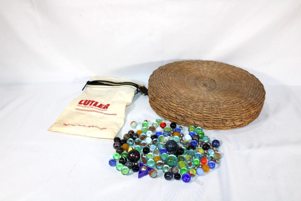 Lot of Marbles With Sewing Basket: Good overall as pictured.
