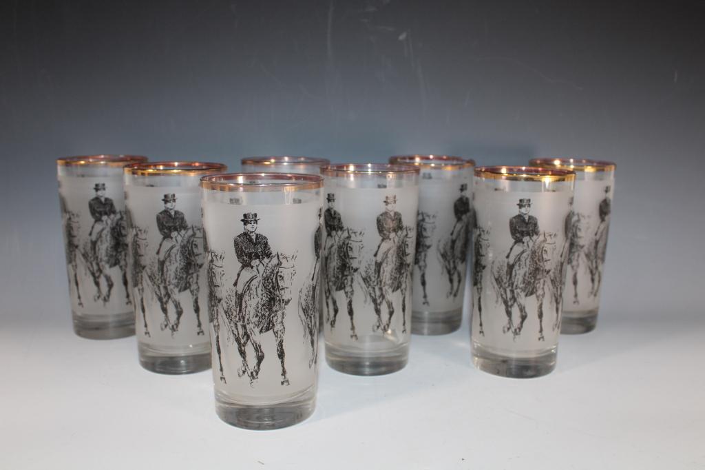 Lot of 8 Vintage Highball Glasses w/ Horses: Good overall as pictured.