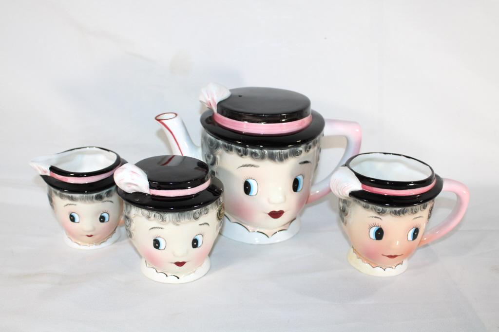 PY Miyao Japan Anthropomorphic Granny Teapot Set: Includes teapot, cream, sugar, and 1 cup. Good overall as pictured.