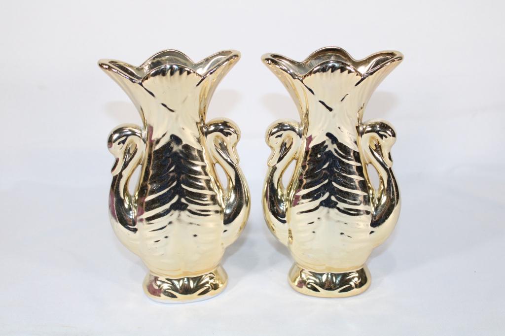 Pair of Gold Double Swan Vases: Good overall as pictured.