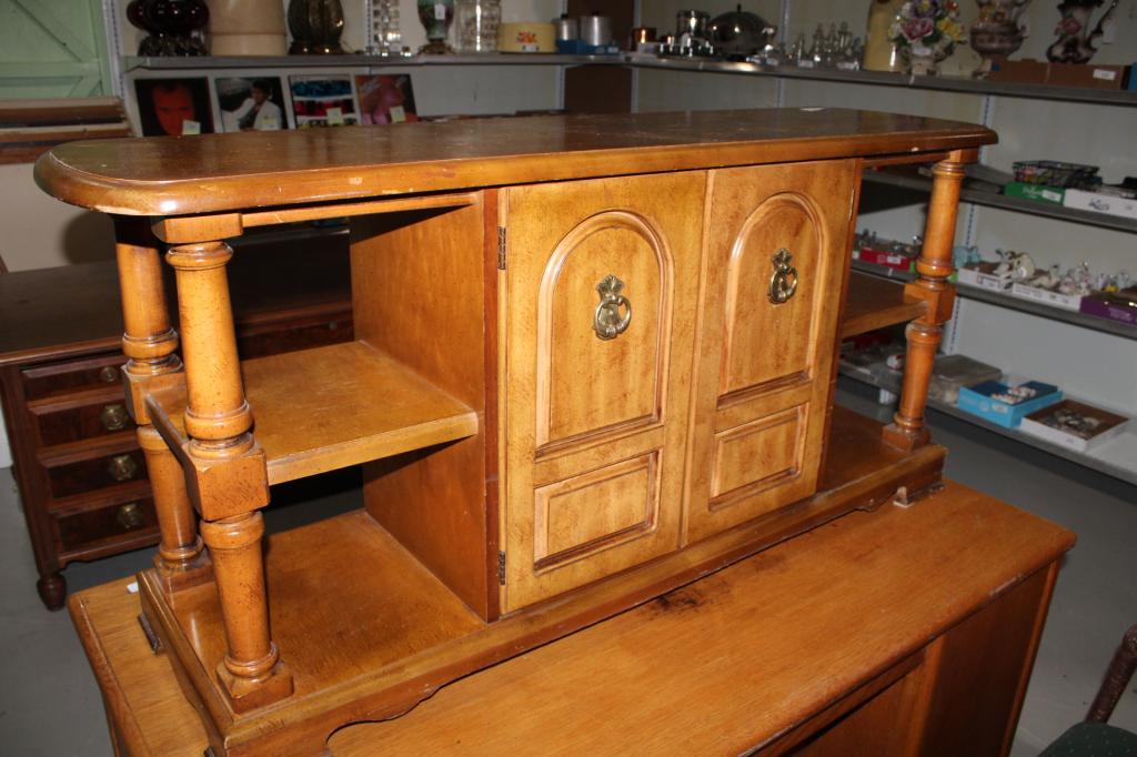 Vintage Pecan Finish Side Board: Good overall as pictured. Measures about 56" x 16" x 26" tall.