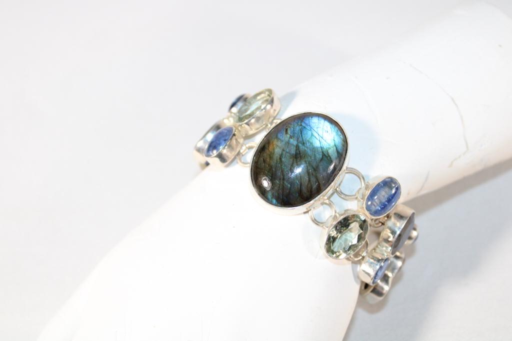 Labradorite, Quartz and Stone Sterling Bracelet: measures about 8 1/2 inches long