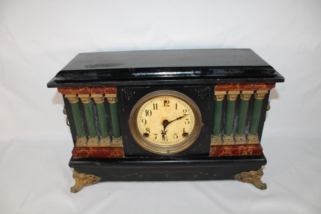 Antique Mantle Clock: Missing Front glass, movement is untested, no key.