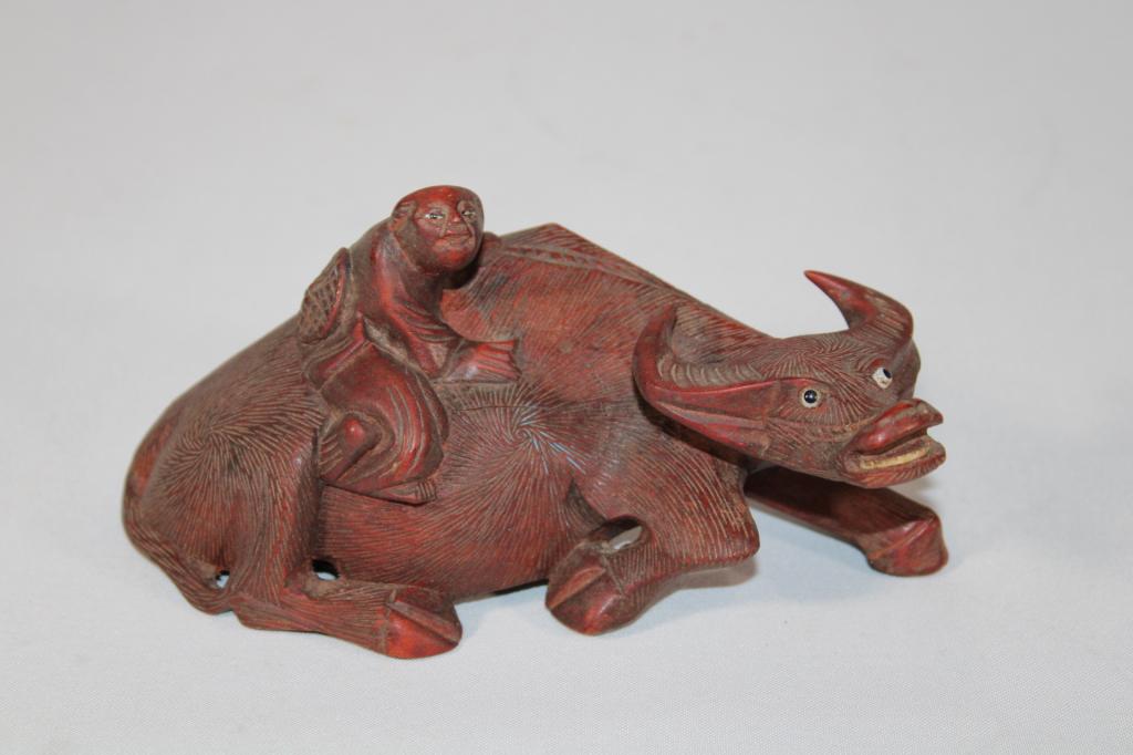 Vintage Cinnabar Ox with Monkey Figure (1 of 3)