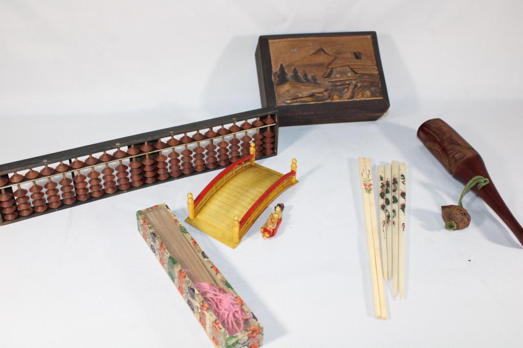 Lot of Japanese Souvenirs Abacus Fan Pipe More: Good overall as pictured.