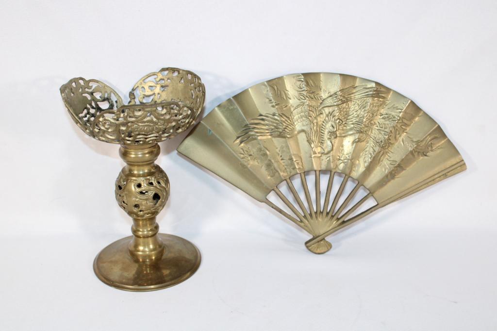 Vintage Brass Wall Decor Fan and Pedestal Bowl (1 of 2)