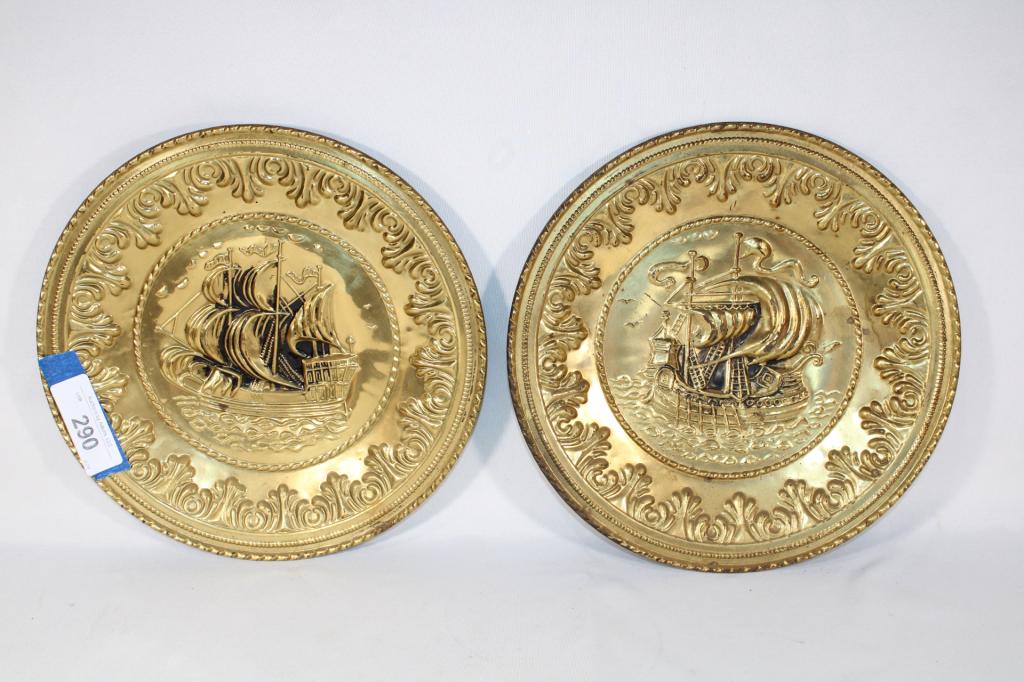 Pair of Brass Wall Hanging Plates w/ Ships (1 of 2)