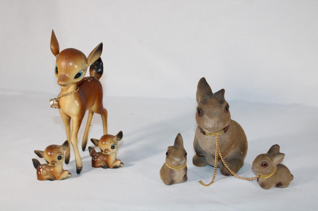 Vintage Big Eye Deer and Flocked Bunnies: Both have repairs / damage. See photos for details of condition.