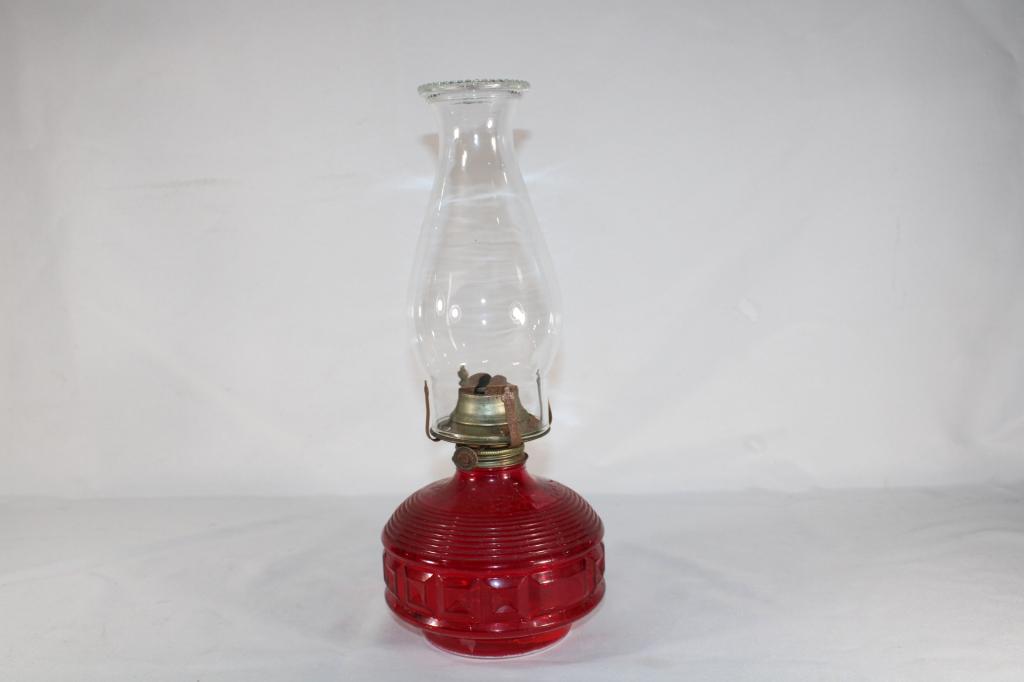 Red Flashed Glass Oil Lamp w/ Chimney (1 of 3)