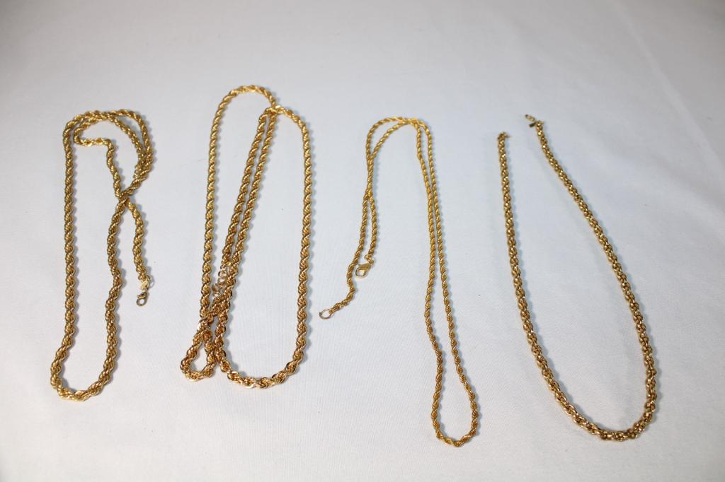 Lot of 4 Gold Tone Rope Necklaces: Good overall as pictured.