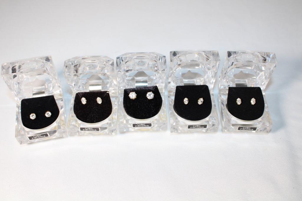 Lot of 5 Cubic Zirconia Stud Earring Sets: Good overall as pictured.