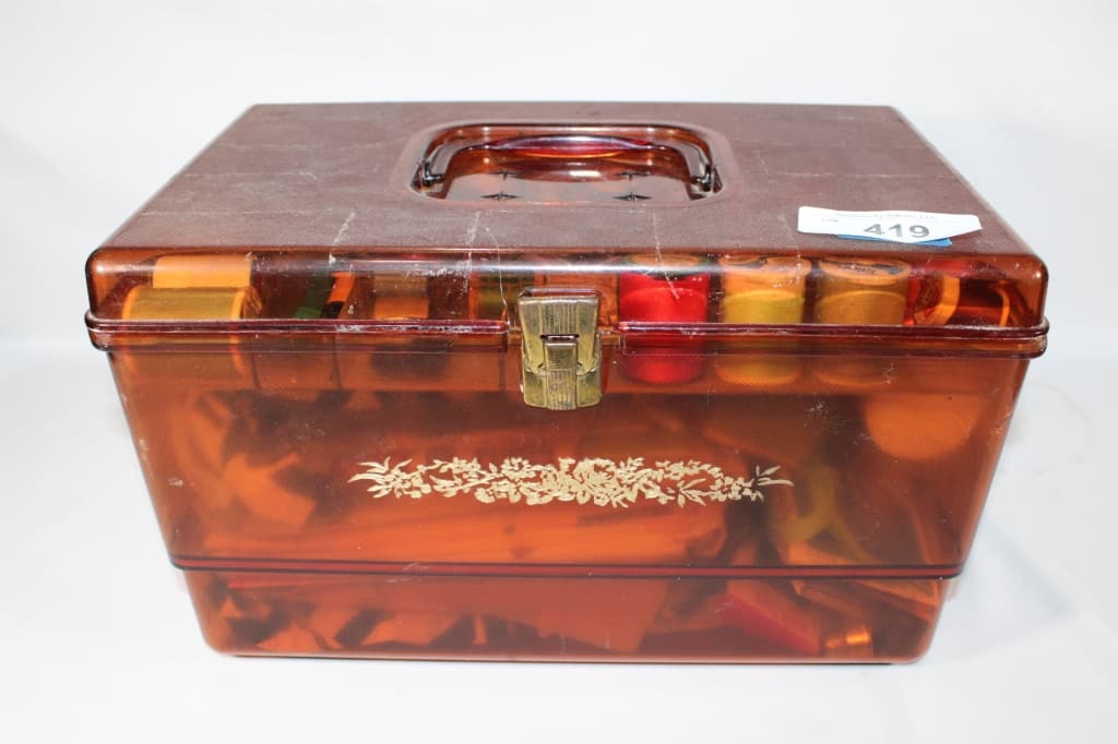 Vtg Seweing Box w/ Patterns, Pin Cushions, More (1 of 3)