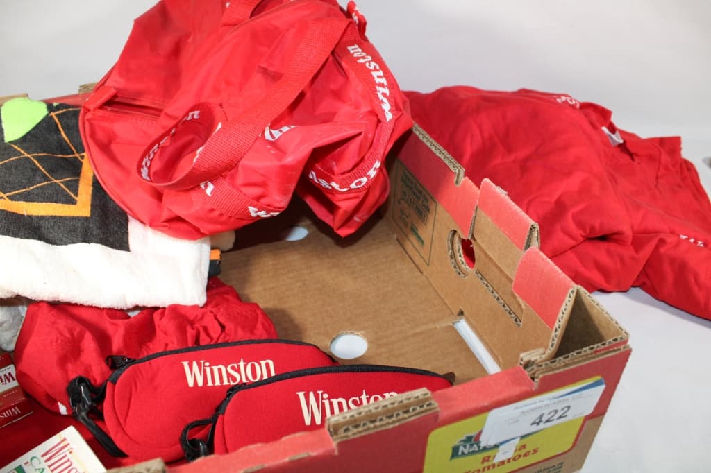 Lot of Winston Cigarette Promotion Items: Beach Bag, Matches, Sunglasses, Cards, and More. Good overall as pictured.
