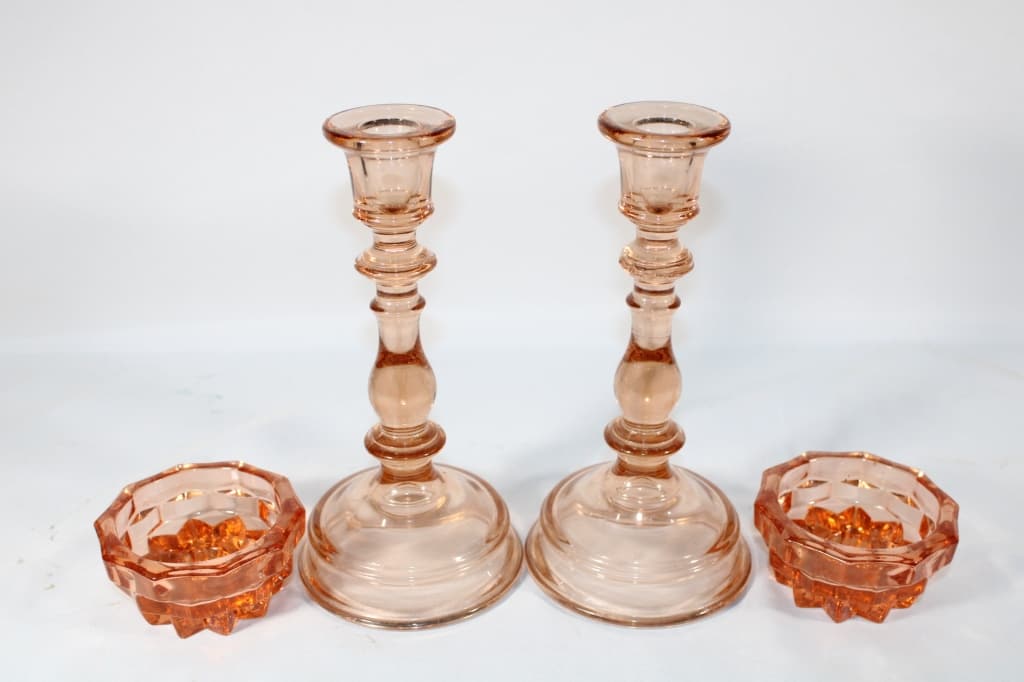 Lot of 4 Pink Glass Candlestick Holders: Good overall as pictured.