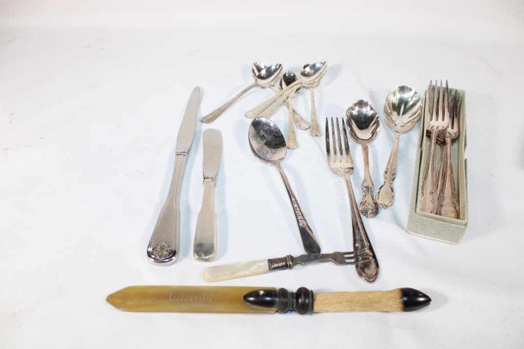 Lot of Vintage Silverware and Letter Opener: Good overall as pictured.