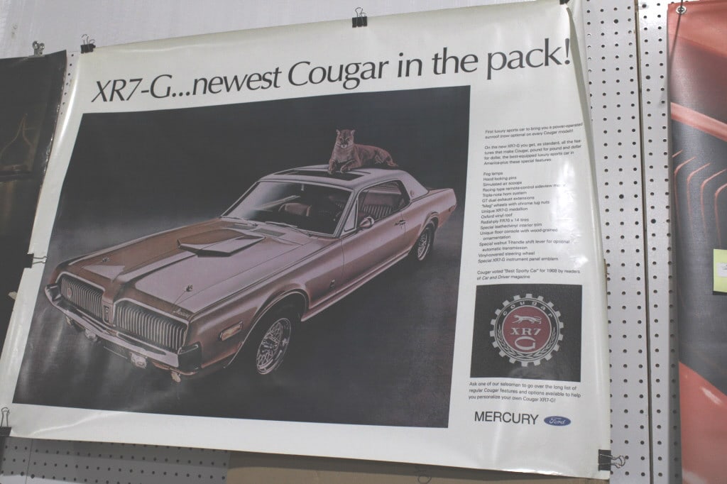 1968 Mercury Cougar SR7-G Showroom Window Sticker: Good overall as pictured. Unused peel off back to stick to window. Measures about 48" wide and 36" tall.
