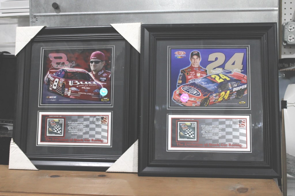Lot of 2 Framed Nascar Stock Car Stamps: #24 Jeff Gordon and #8 Dale Earnhardt Jr. Good overall as pictured. Each measures about 18.5" x 16.5" outside frame dimensions.