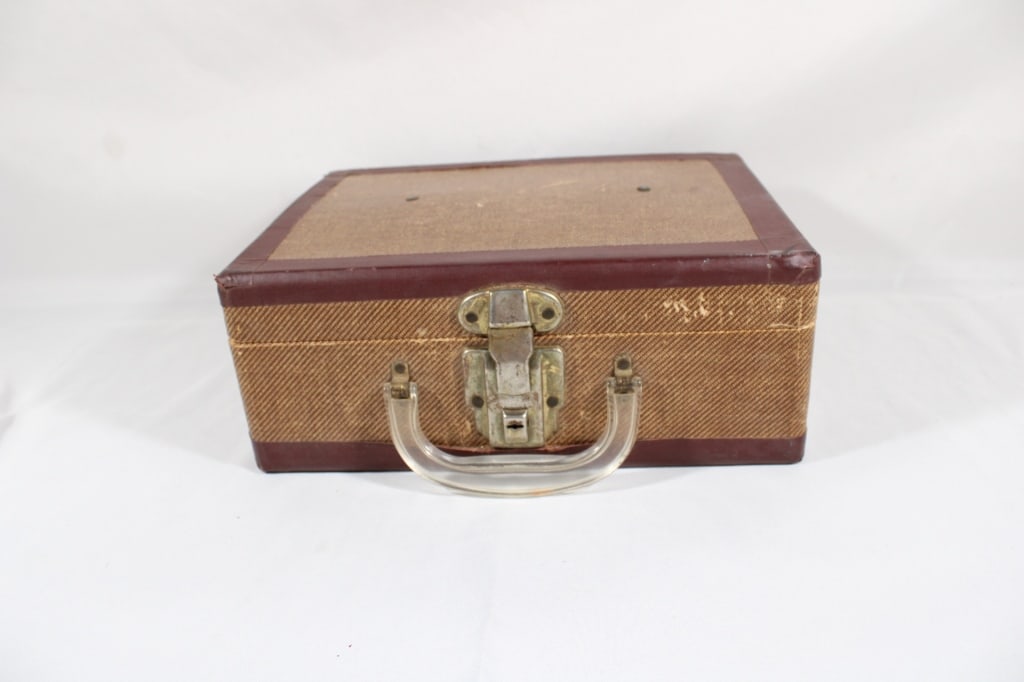 Vintage Mini Suitcase w/ Lucite Handle: Good overall as pictured. Measures about 12" x 9" x 4.5".