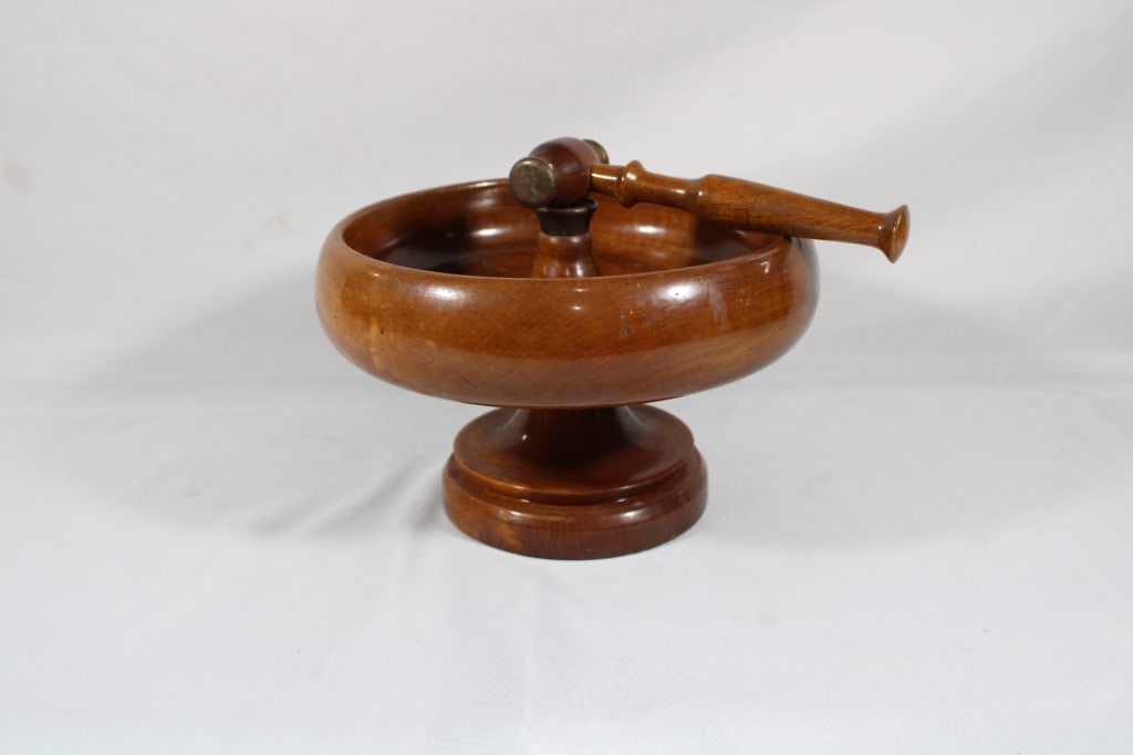 Vintage Wood Nut Dish w/ Mallet: Good overall as pictured.
