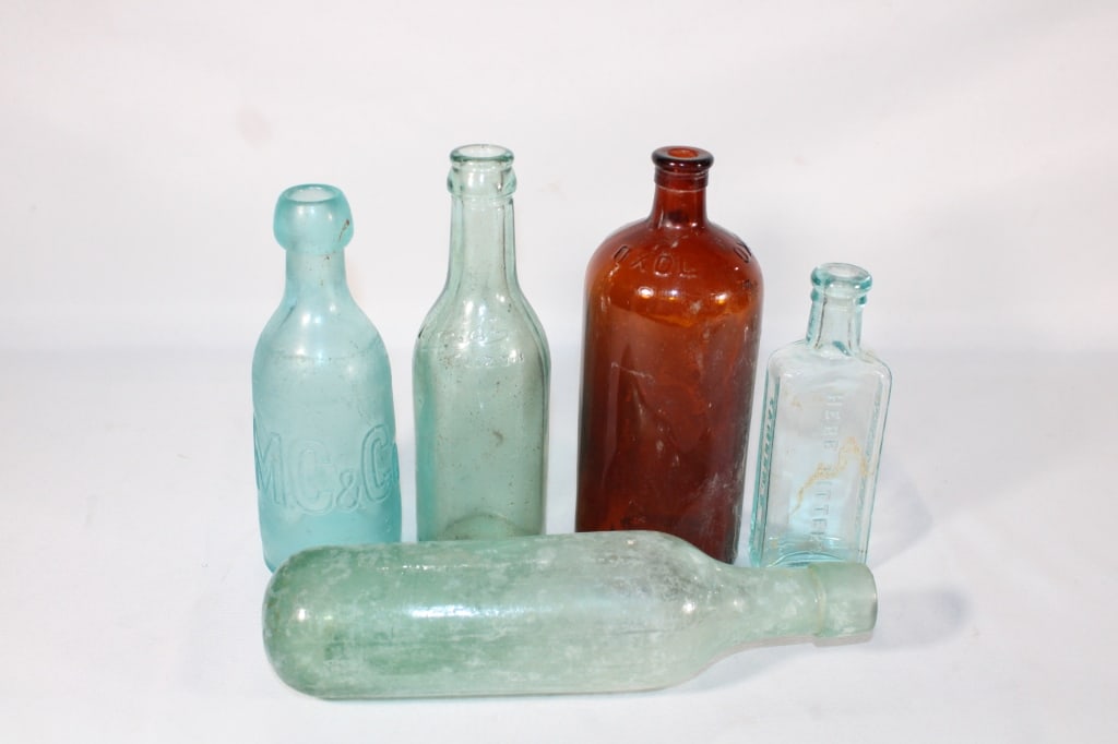 5 Antique Glass Bottles Oxol MC & Co Bitters More (1 of 4)
