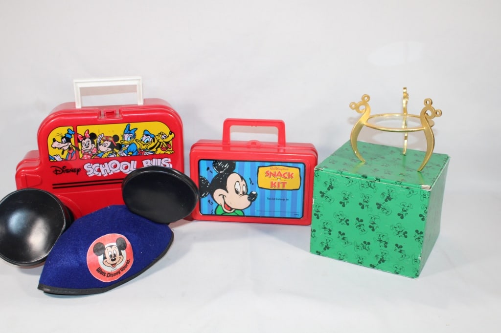 Lot of Disney / Mickey Collectibles: Lunch Boxes, Mouse Ears, and more. Good overall as pictured.