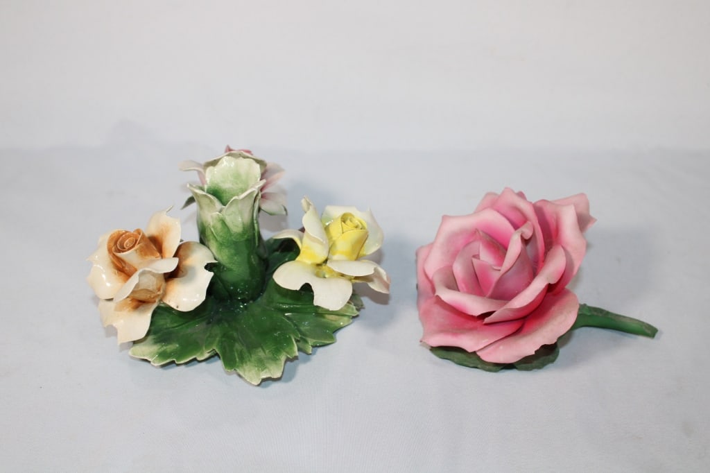 Pair of Capodimonte Flowers-Candle Holder etc: Good overall as pictured