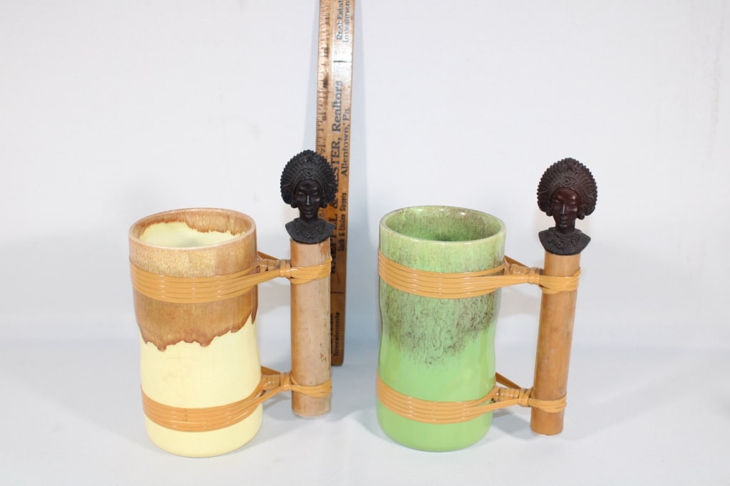 Two MCM wood carved woman mugs: Good overall as pictured