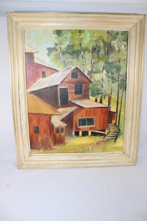 Spring Signed Cabin in Woods Oil on Canvas (1 of 4)