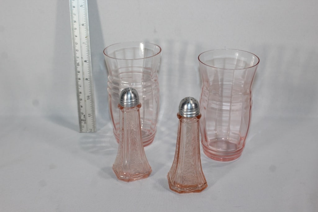 Antique pink glass glasses,salt and pepper shakers: Good overall as pictured