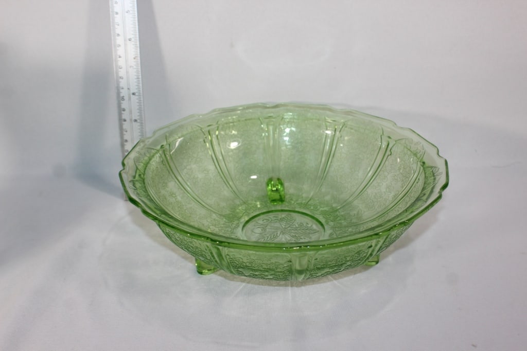 Large footed Vaseline glass bowl: Good overall as pictured