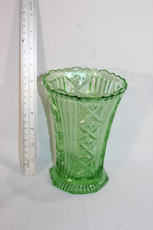 Large Vaseline glass vase: Good overall as pictured