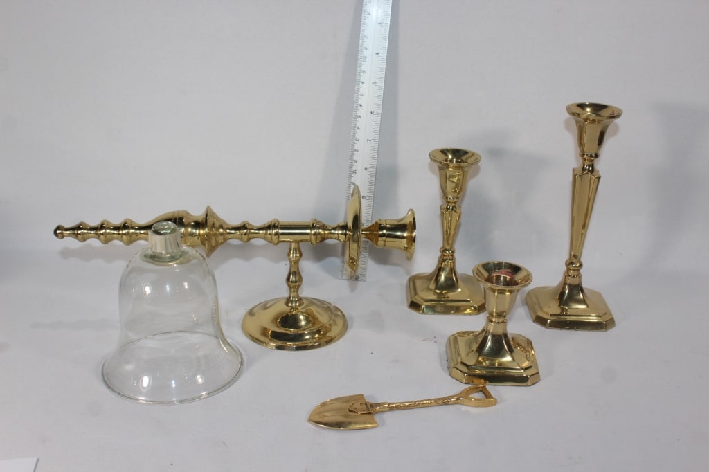 Lot of brass candlesticks,GORHAM shovel: Good overall as pictured