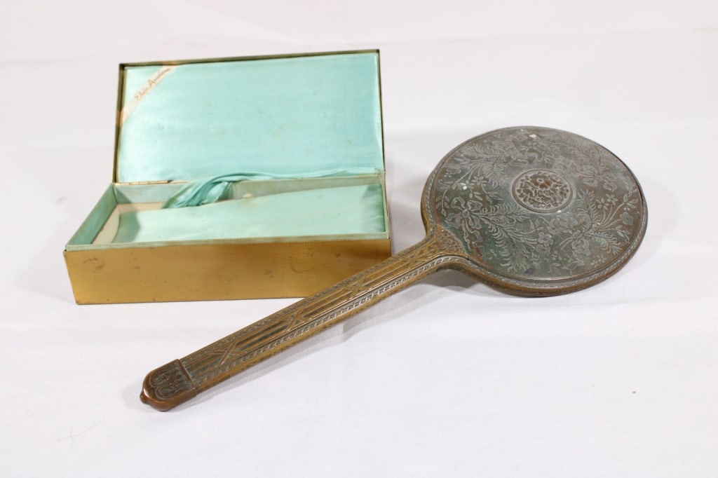 Brass Elgin Box & hand held Mirror: Some Mirror discoloration. Good as overall pictured