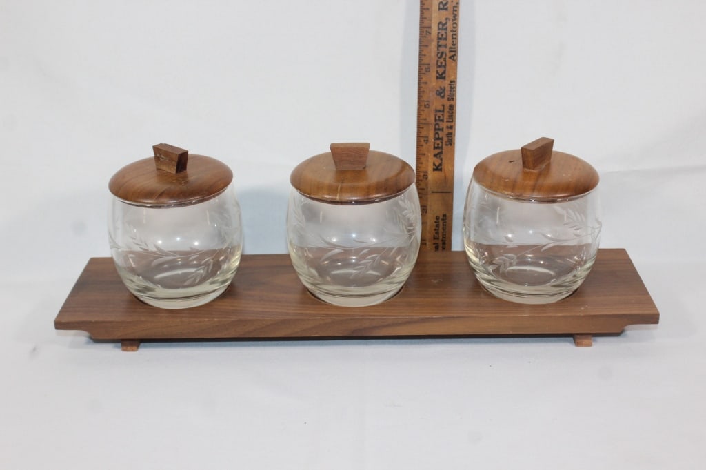 Mid-century condiment set with stand: Good overall as pictured
