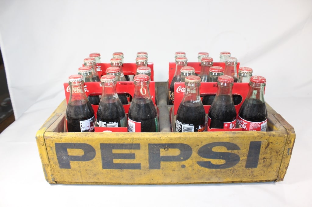 Vintage Yellow Pepsi Crate with Coke Bottles (1 of 2)