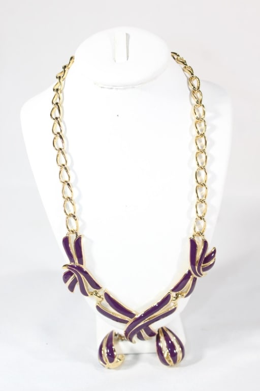 Trifari Purple Enamel Gold Tone Necklace/Earrings: good overall as pictured