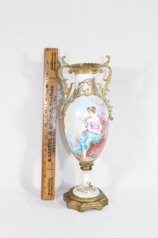 Ornate French Hand Painted Vase with Metal Trim: Good overall as pictured.