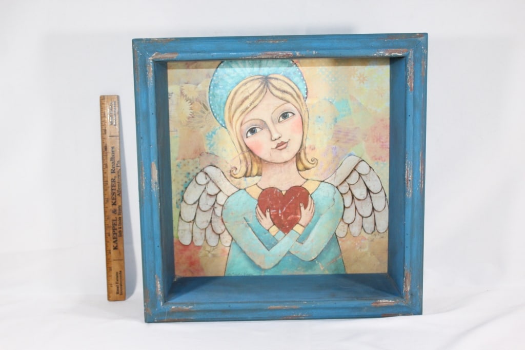 Folk Art Wood Shadowbox Angel w/ Heart (1 of 2)