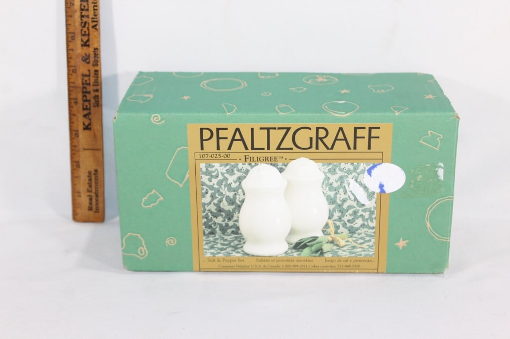 Pfaltzgraff Filigree Salt and Pepper in Box: Good overall as pictured.