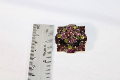 Amethyst,Purple & Peridot Green rhinestone Brooch: square brooch. good overall condition